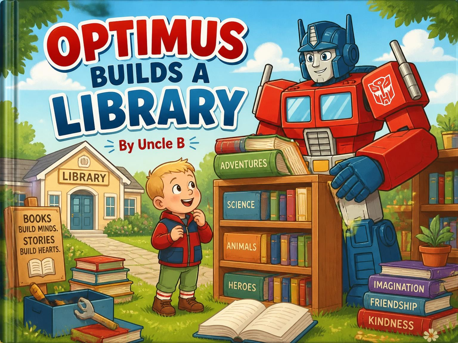 Optimus Builds a Library personalized book cover